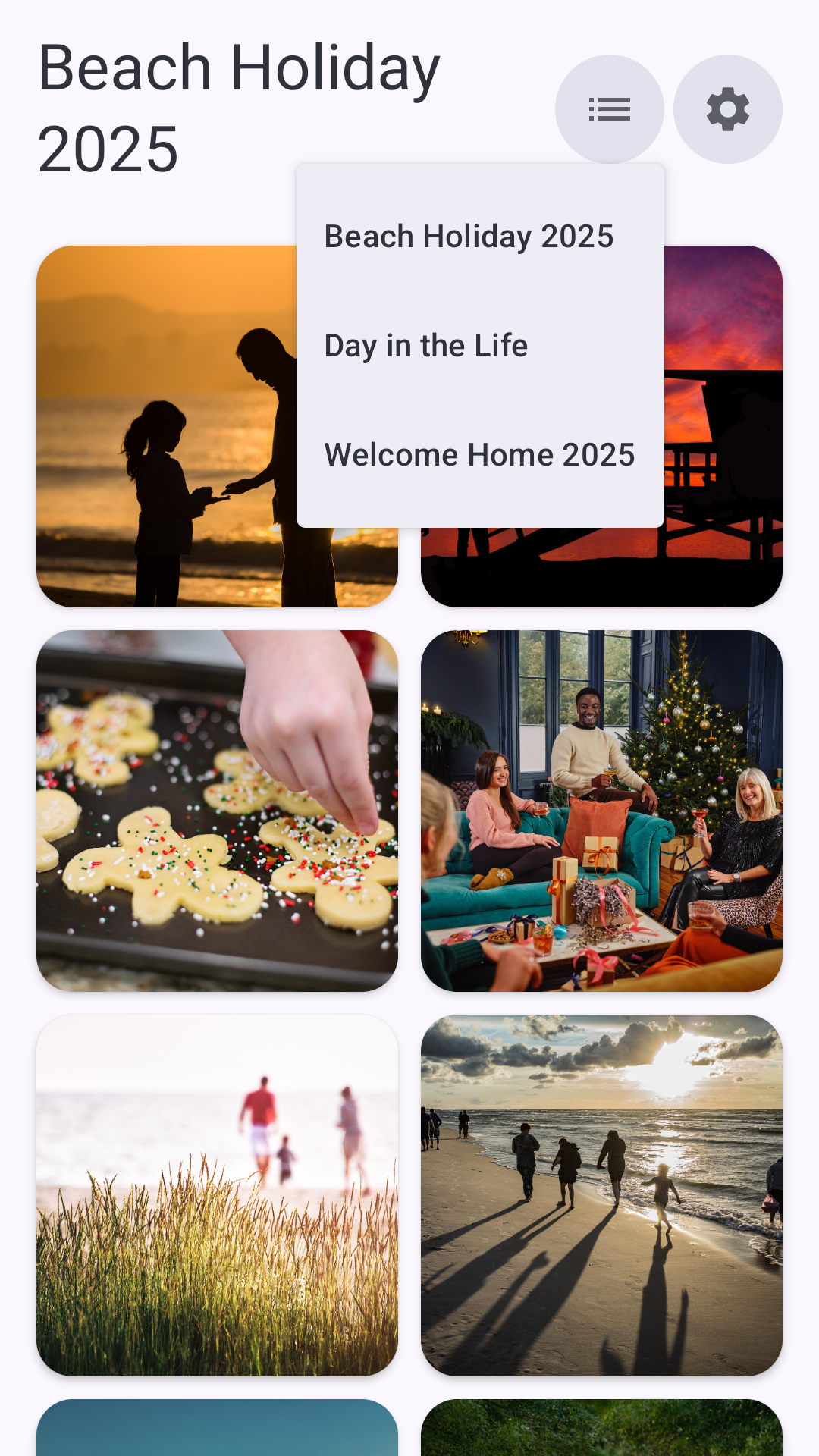 Picture Garden's collection picker listing Beach Holiday 2025, Day in the Life, and Welcome Home 2025