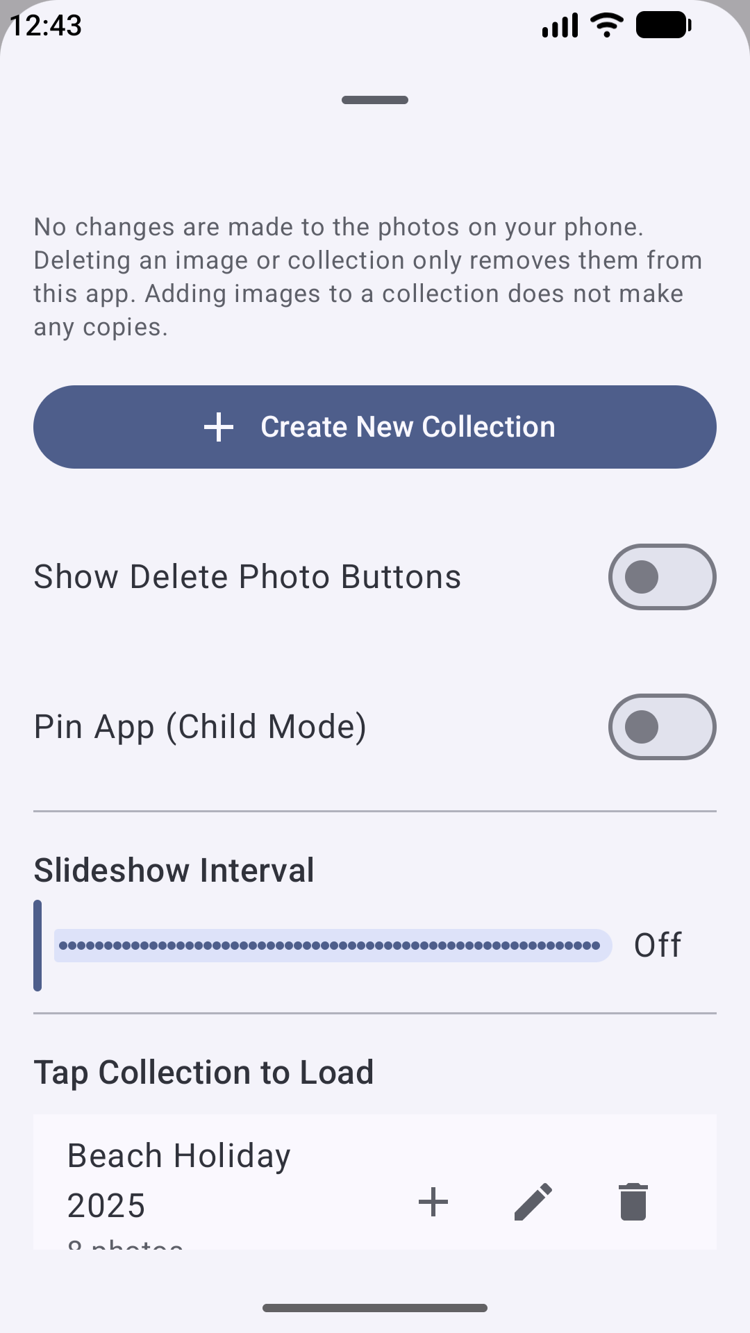 Picture Garden settings for child mode, photo deletion controls, and slideshow interval