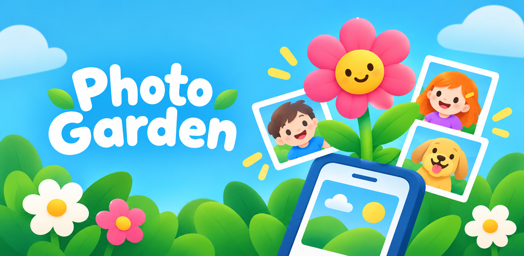 Children and a puppy smiling together among garden flowers